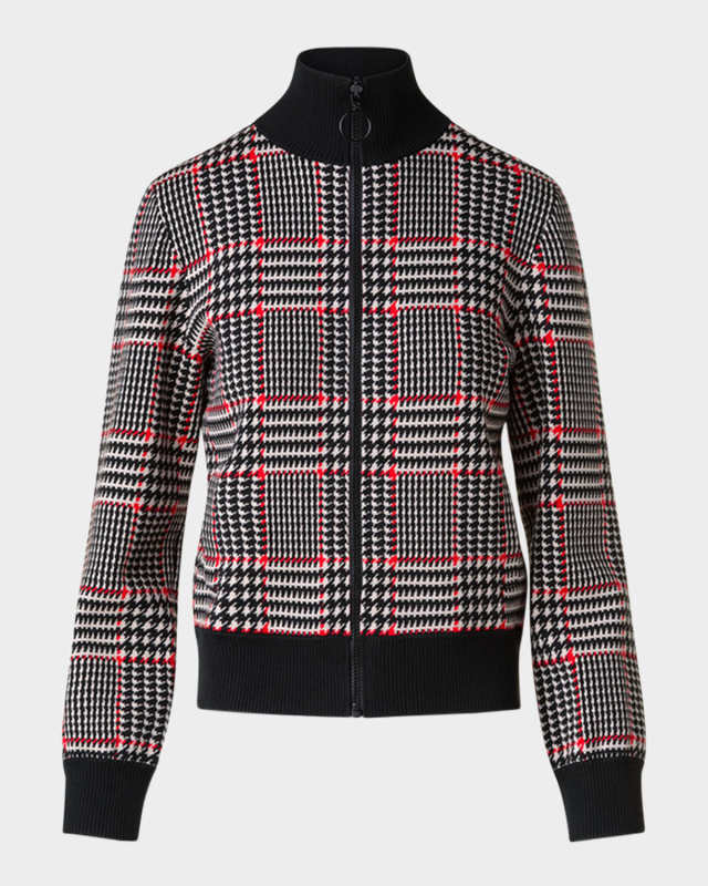 Houndstooth Check Jacquard Knit Zip Cardigan